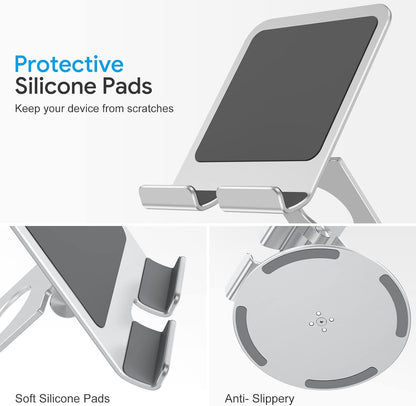 OMOTON T6 Swivel Tablet Stand for iPad with 360 Rotating Base, Foldable Adjustable Holder for Drawing, Compatible with iPad Pro/Air/Mini and More, Silver