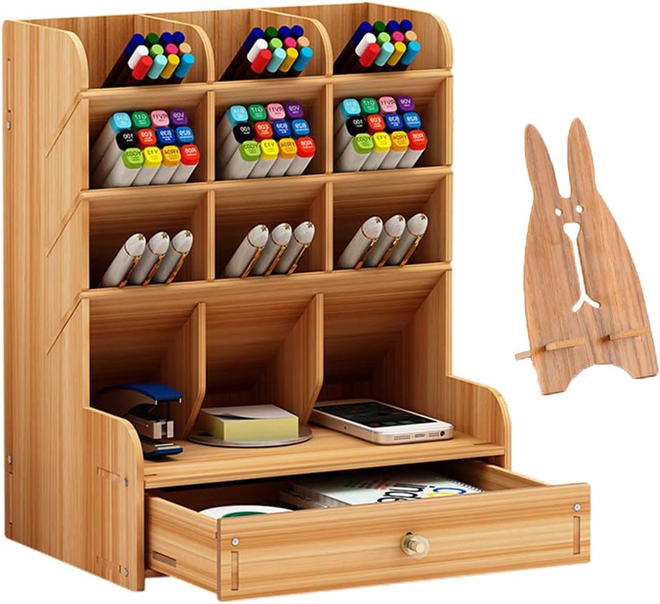 Marbrasse Wooden Desk Stationary Organizer, Multi-Functional Pen Holder, Storage Rack for School Home Office Art Supplie (B16-Cherry Color)