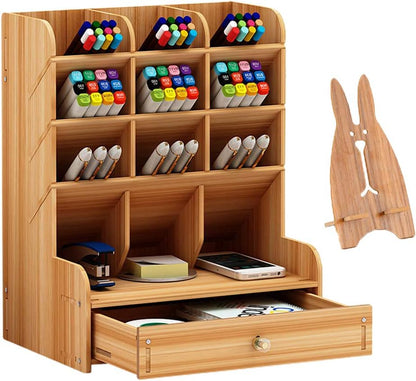 Marbrasse Wooden Desk Stationary Organizer, Multi-Functional Pen Holder, Storage Rack for School Home Office Art Supplie (B16-Cherry Color)