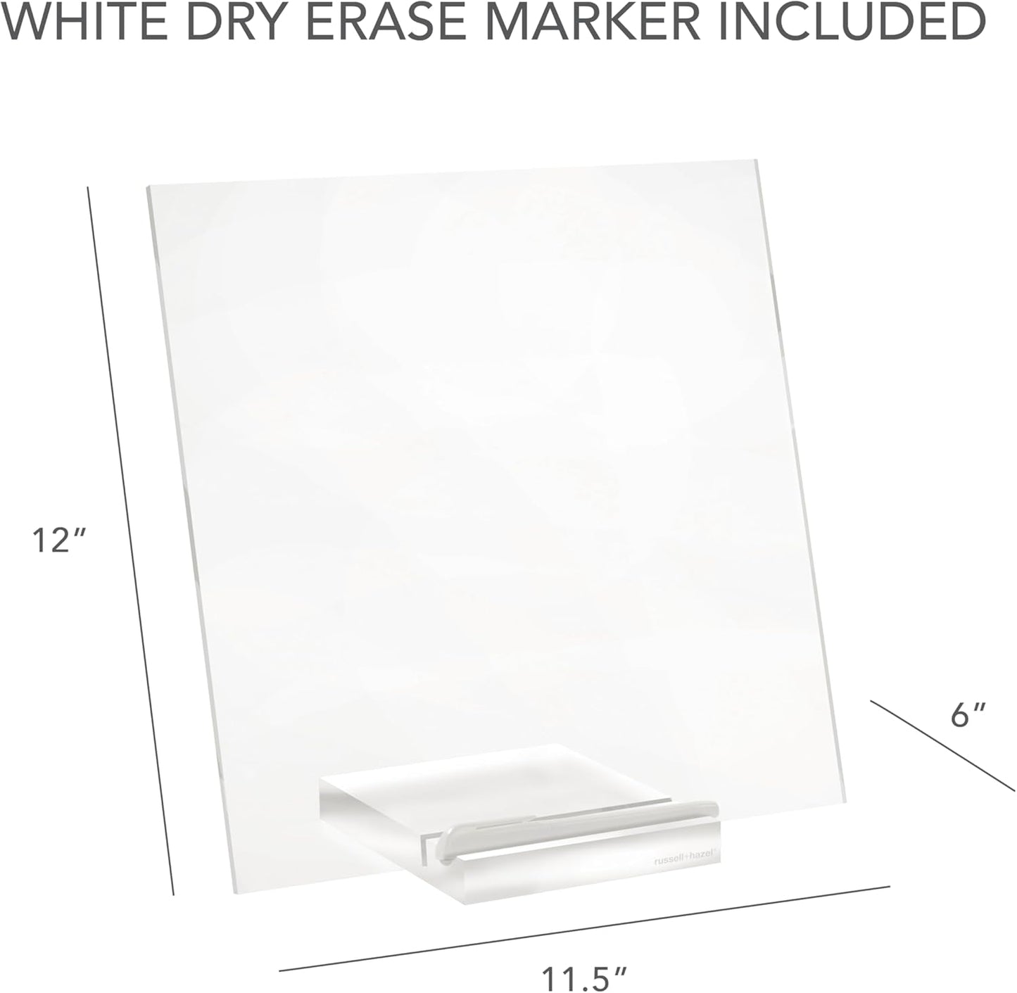 russell+hazel Acrylic Dry Erase Board and Marker, Memo Tablet for Desktop with Stand, Clear Acrylic, 12” x 6” x 11.5” (31384)