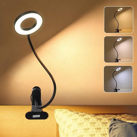 Skymore Clip on Light -3 Color Modes&10 Brightness LED Reading Desk Light with Clamp Flexible Gooseneck Book Light for Kids' Bedtime Reading, Zoom Meetings, Clip on Table, Headboard, Dorm&Office Use