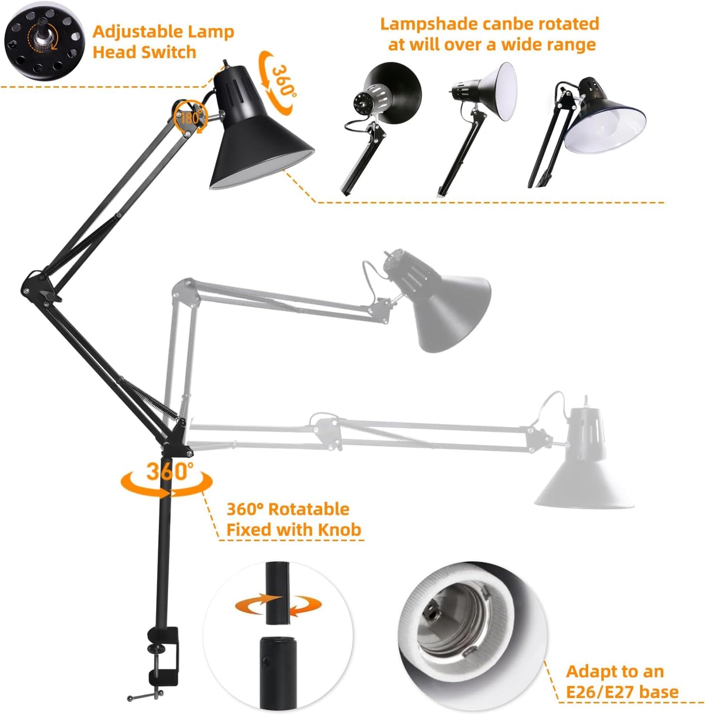 Desk Lamp With Clamp for Home Office, Eye-Caring Clip on Light with Adjustable Extra Tall Metal Swing Arm, High Intensity Clamp Lamp w/LED Bulb, Architect Task Table Lamps for Study, Workbench-B/5000k