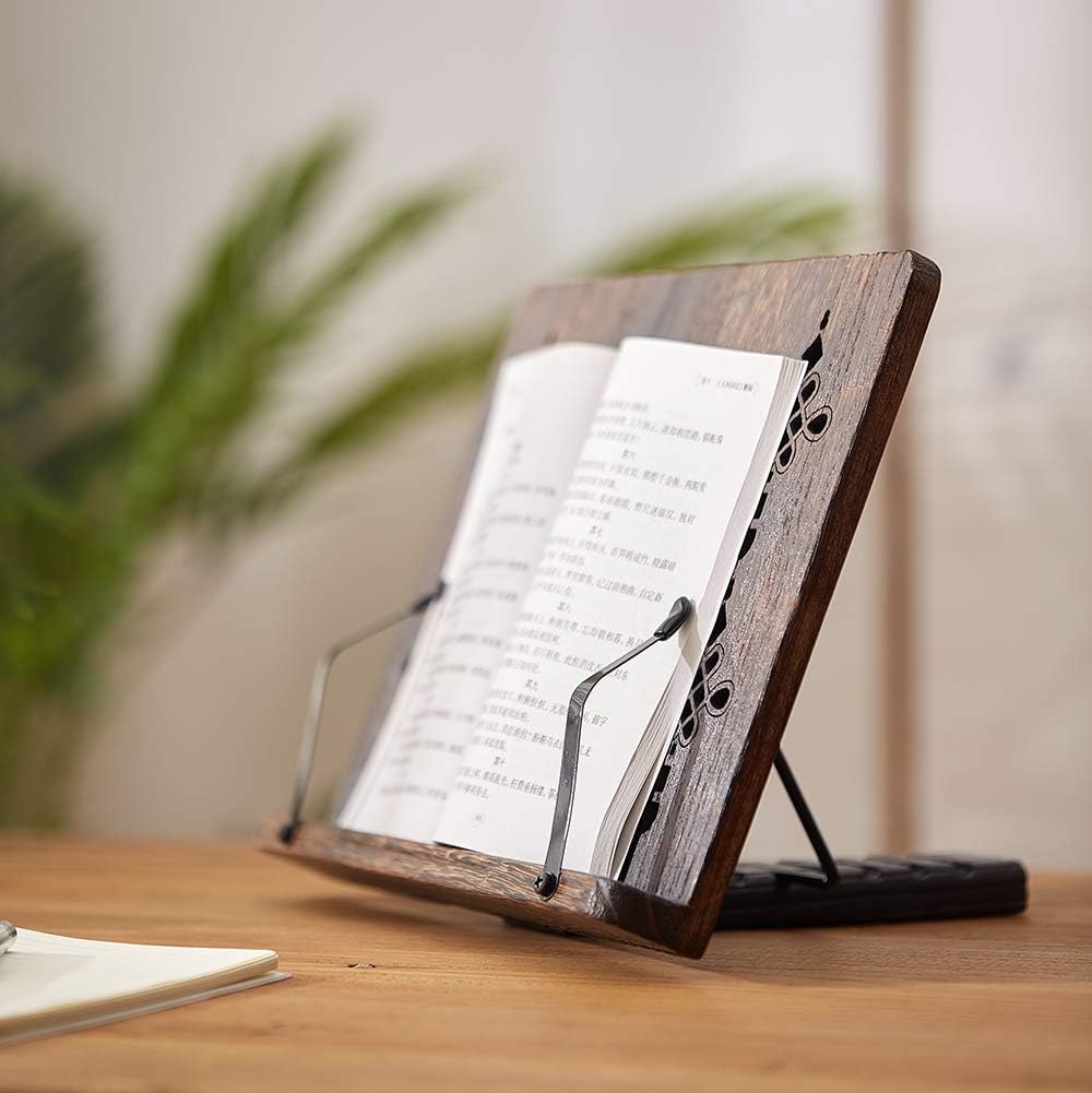 Book Stand with Page Clips, Foldable Reading Rest Holder, Portable Desk Bookrest, Cookbook/Tablet PC/Music Document Stand, Adjustable Wood Reading Frame (Chinese Knot, 13.2 x 9.5 inches)