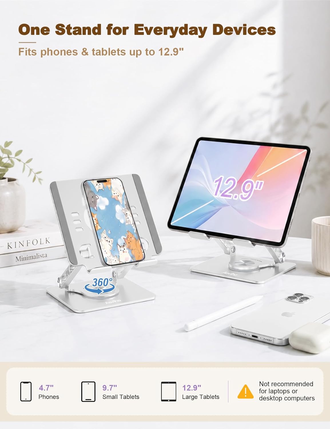 Aoviho Tablet Stand 360° Rotating Aluminum Holder - Adjustable, Portable & Foldable Monitors Stand for iPads, Compatible with 4-13.3" Tablets, Purple