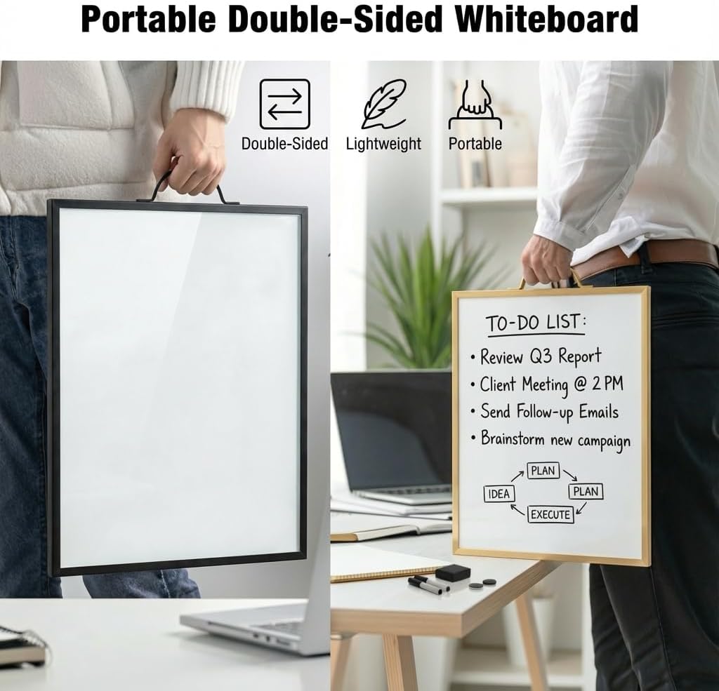 Black Magnetic Dry Erase Whiteboard 12 x 16 Double Sided, Portable Planner Board with Weekly Monthly Sheets, Write and Wipe to Do List Board, Includes 3 Markers Eraser 2 Magnets