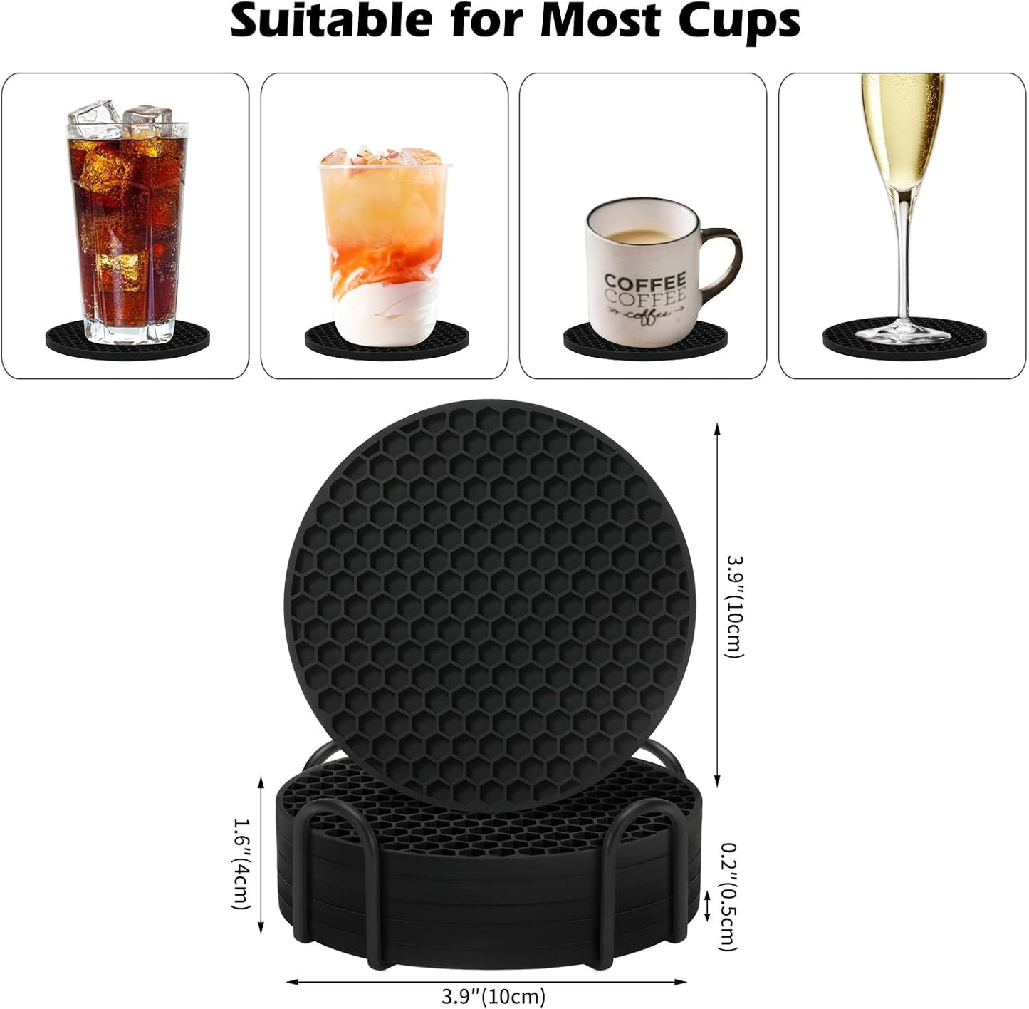 TWTLi Silicone Coasters Set of 8 with Holder,Coasters for Drinks,Beer,Coffee Coasters,Suitable for Kinds Cups,Hot or Cold,Anti-SLI,Non-Stick,Anti-Overflow Tabletop Protection and Decor (8 Pcs, Black)
