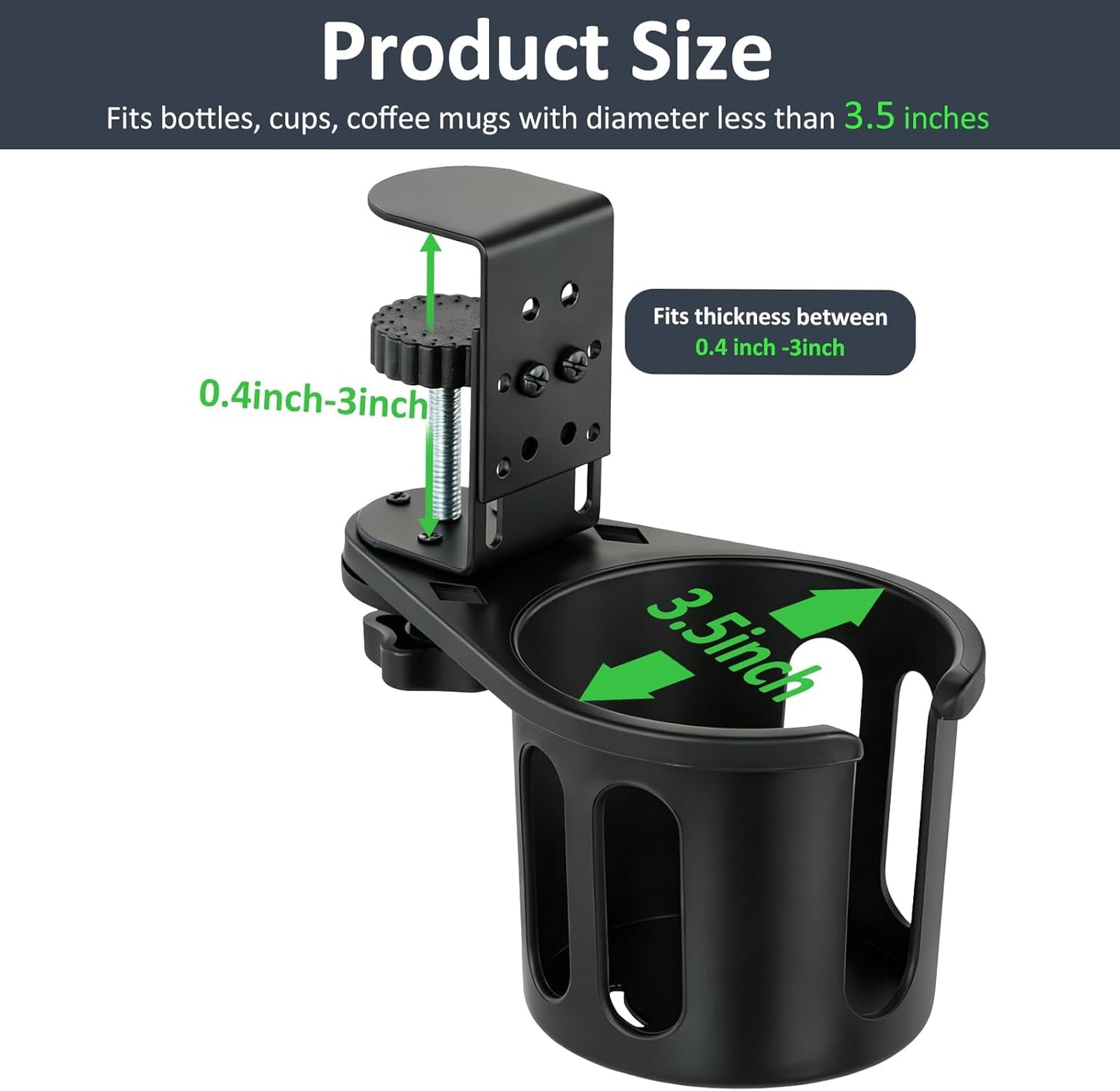 MYITYARD Desk Cup Holder Clamp, Anti-Spill Clip On Table Cup Holder, Rotatable Water Bottle Stand Drink Coffee Mug Storage, Office Accessories for Home and School (Black)