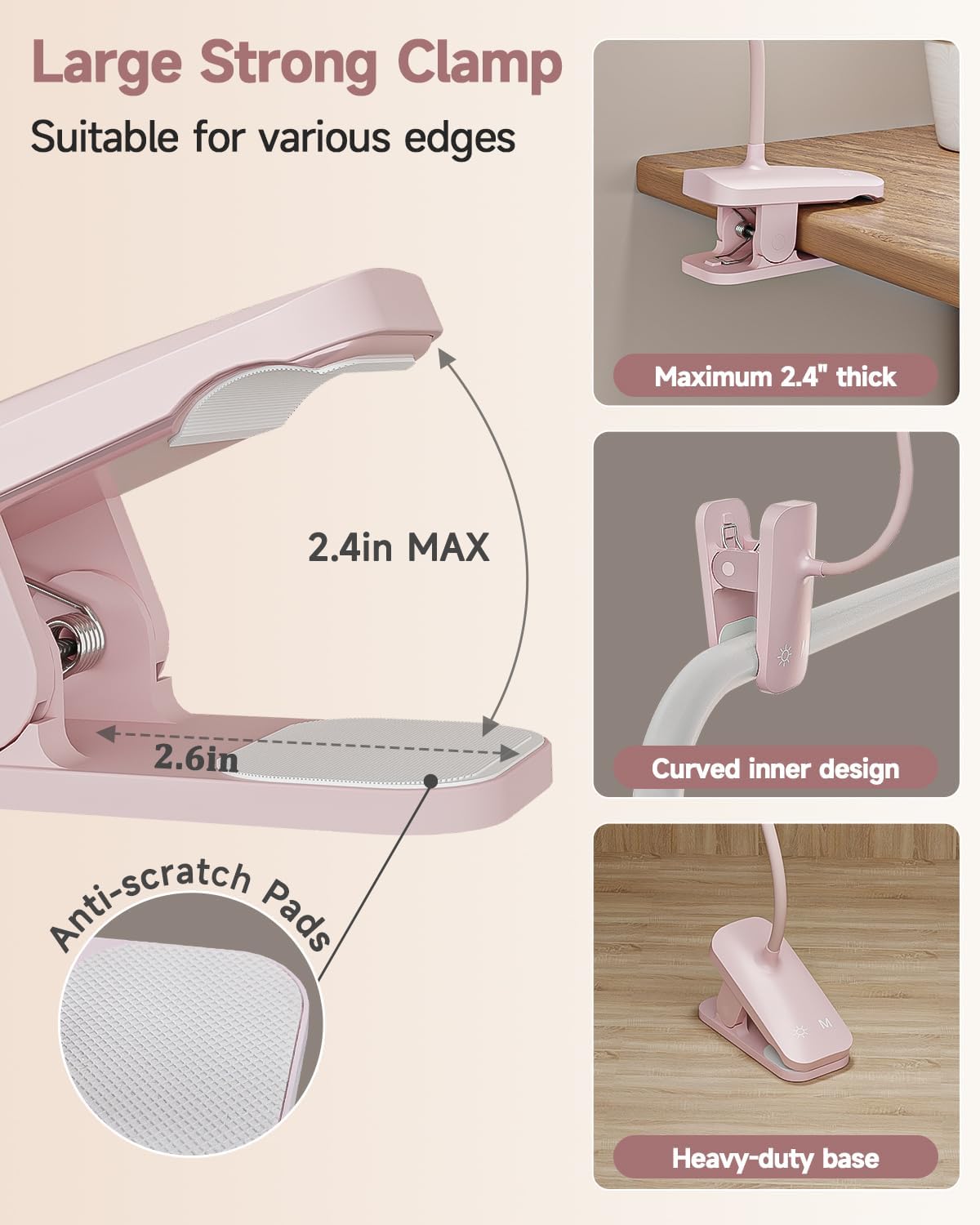 CUHIOY Rechargeable Clip on Reading Light for Bed, Battery Desk Lamp, 5 Color 5 Brightness & Touch Control Headboard Lamp, Large Clamp Lamp with Flexible Neck, Eye Protect LED Bedside Light, Pink