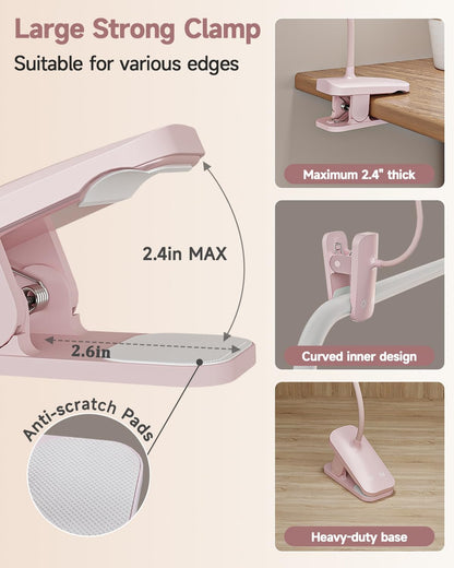CUHIOY Rechargeable Clip on Reading Light for Bed, Battery Desk Lamp, 5 Color 5 Brightness & Touch Control Headboard Lamp, Large Clamp Lamp with Flexible Neck, Eye Protect LED Bedside Light, Pink