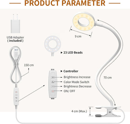 iZELL Book Light, Clip on Reading Light with Silicone Flexible Arm, Dimmable LED Lamparas Clamp on Workbench Desk for Studying Painting Crafting Drawing Makeup Nail Tech Puzzle Task - 27.6‘’ White