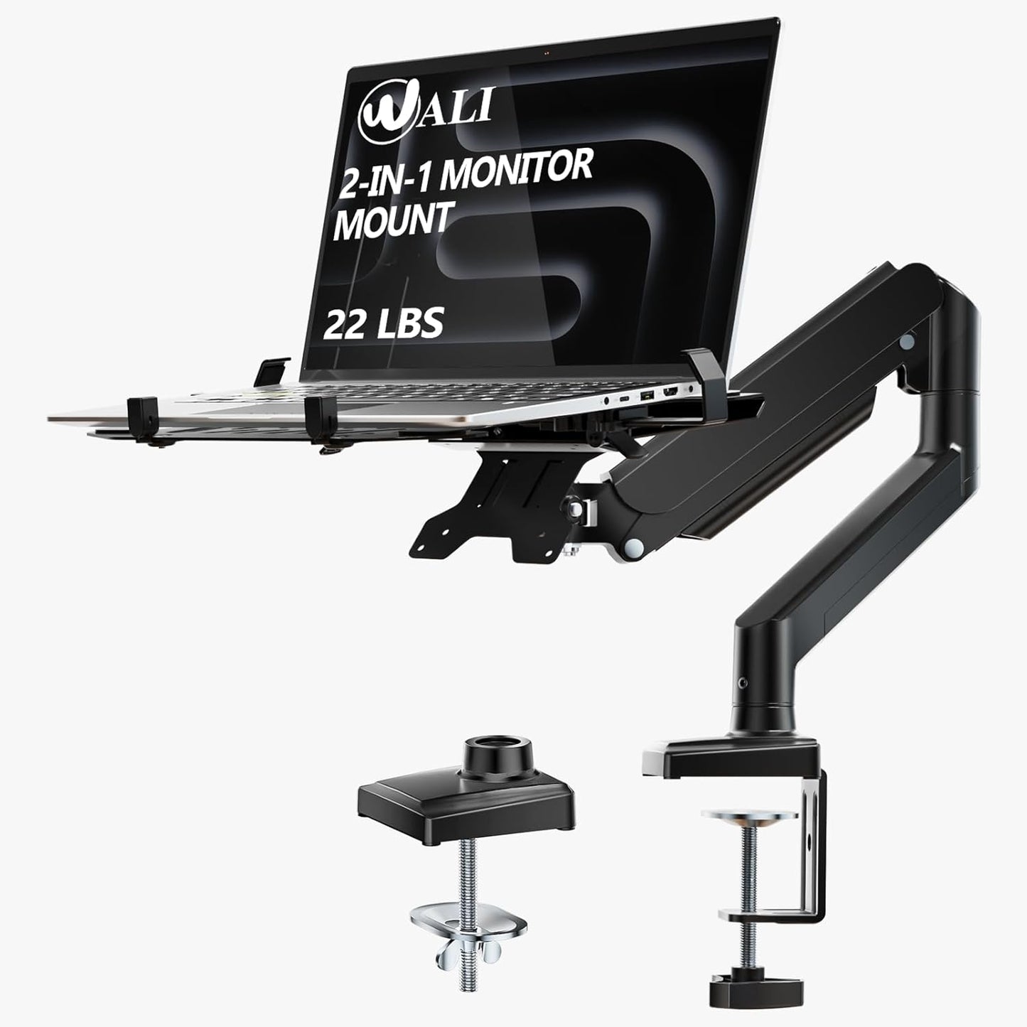 WALI Laptop Desk Mount for 17 inch Notebook, Adjustable Single Monitor Arm with Laptop Holder for 32 inch Screen, Laptops Stand with Ventilated Tray, Up to 22 lbs, (M00LP), Black