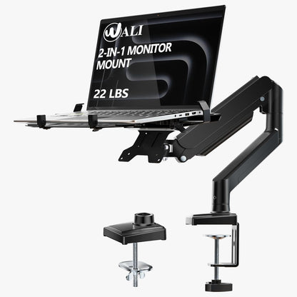 WALI Laptop Desk Mount for 17 inch Notebook, Adjustable Single Monitor Arm with Laptop Holder for 32 inch Screen, Laptops Stand with Ventilated Tray, Up to 22 lbs, (M00LP), Black