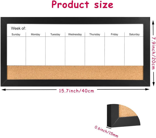 Magnetic Weekly Dry Erase White Board and Cork Board, Black Wood Frame，Magnetic Surface Whiteboard for Home Office and Wall Decor(ZHZL-2040BK)