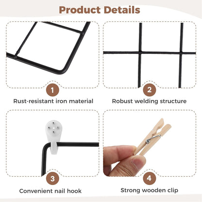 Lnrueg Wire Wall Grid Panel with Wall Grid Shelf with Photo Frames for Photo Display, Metal Mesh Message Board Memo Boards, Heavy Duty Gridwall Display Rack for Art Retail Display (Black-A)