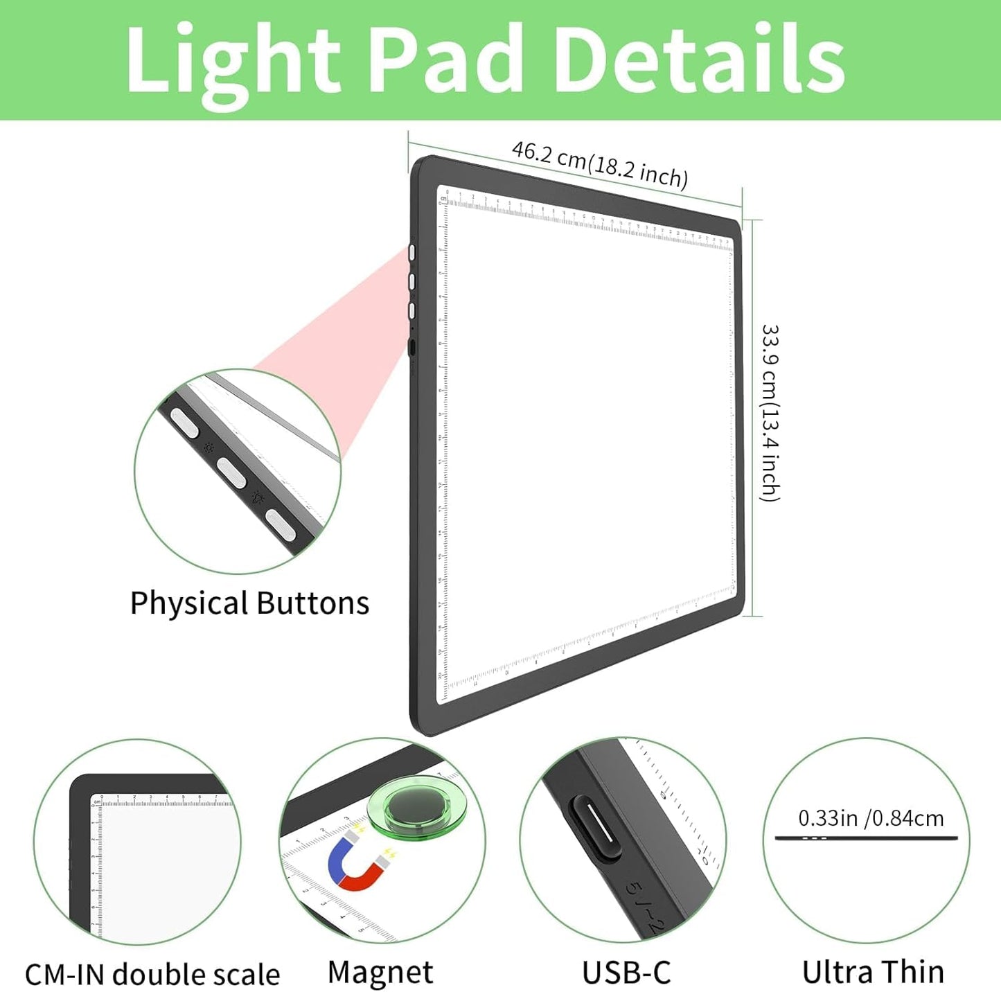 KOBAIBAN A3 Magnetic Light Pad with Bag, Rechargeable Diamond Art Light Board with Side Physical Buttons, 3 Color Light Modes Super Bright Light Table Light Box for Tracing, Drawing, Sketching (White)