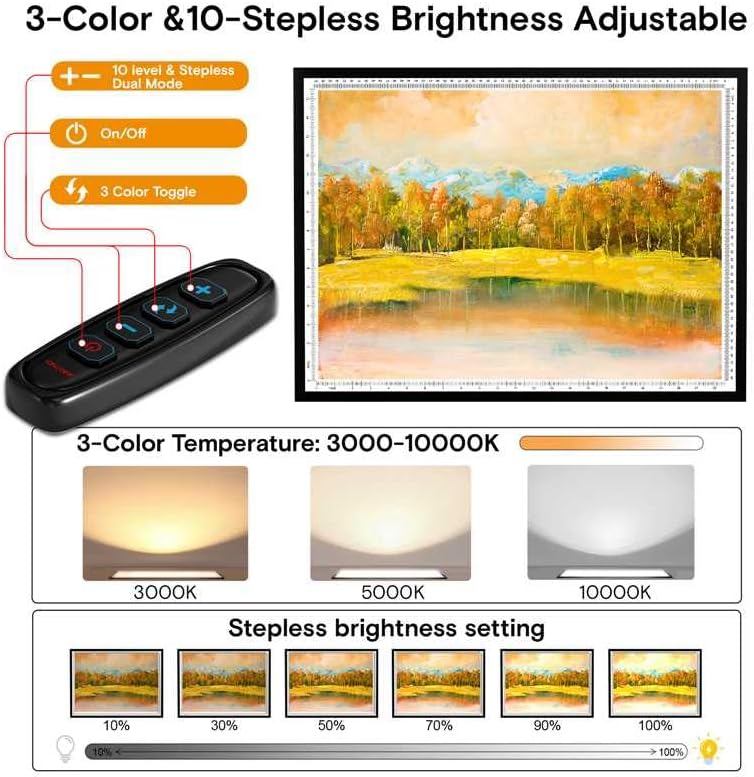 A2 Light Pad 26"x19", 10000+ LUX High Brightness, 3 Colors & 10-Level/Stepless Dimming,Light Board Extra Large with UL Adapter for Diamond Painting, Drawing, Tracing, Sketching-Aluminum Frame