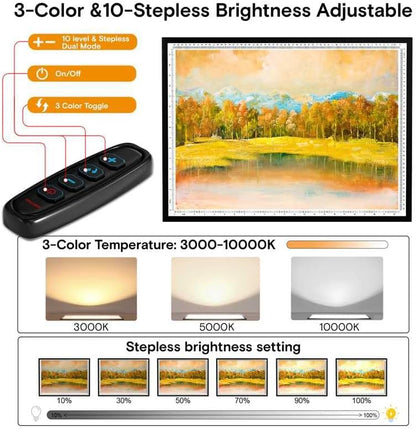 A2 Light Pad 26"x19", 10000+ LUX High Brightness, 3 Colors & 10-Level/Stepless Dimming,Light Board Extra Large with UL Adapter for Diamond Painting, Drawing, Tracing, Sketching-Aluminum Frame