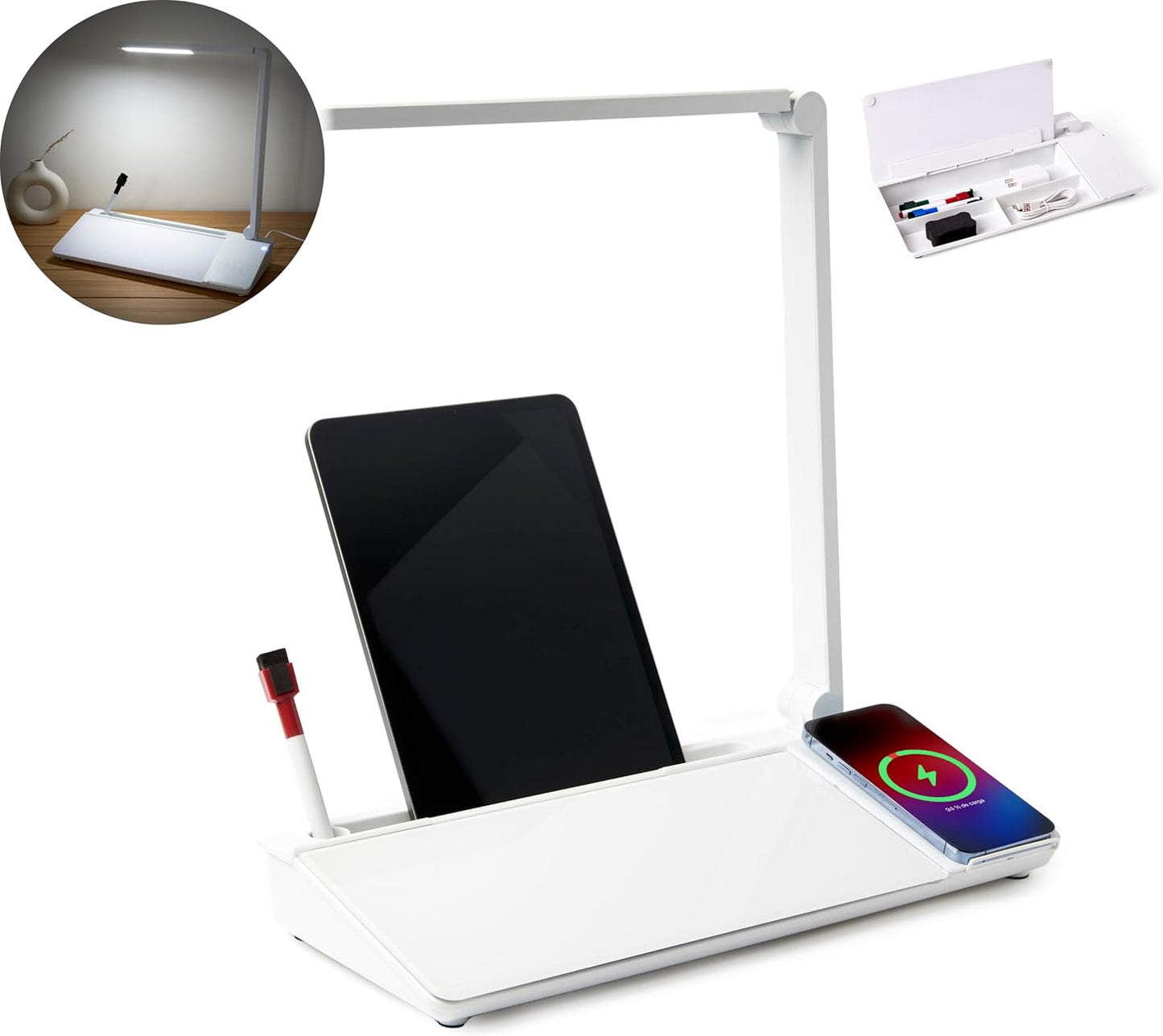 Desktop Dry Erase Board with Charger and LED Lamp (White)