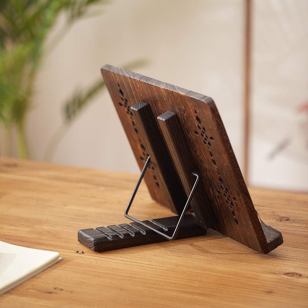 Book Stand with Page Clips, Foldable Reading Rest Holder, Portable Desk Bookrest, Cookbook/Tablet PC/Music Document Stand, Adjustable Wood Reading Frame (Chinese Knot, 13.2 x 9.5 inches)