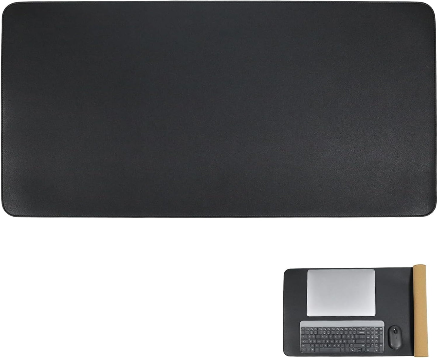 Double-Sided Keyboard Mouse Pad, 31.5"x15.7" PU Leather and Cork Desk Mat Large Overlocked-Edge Desk Pad with Matching Thread, Black