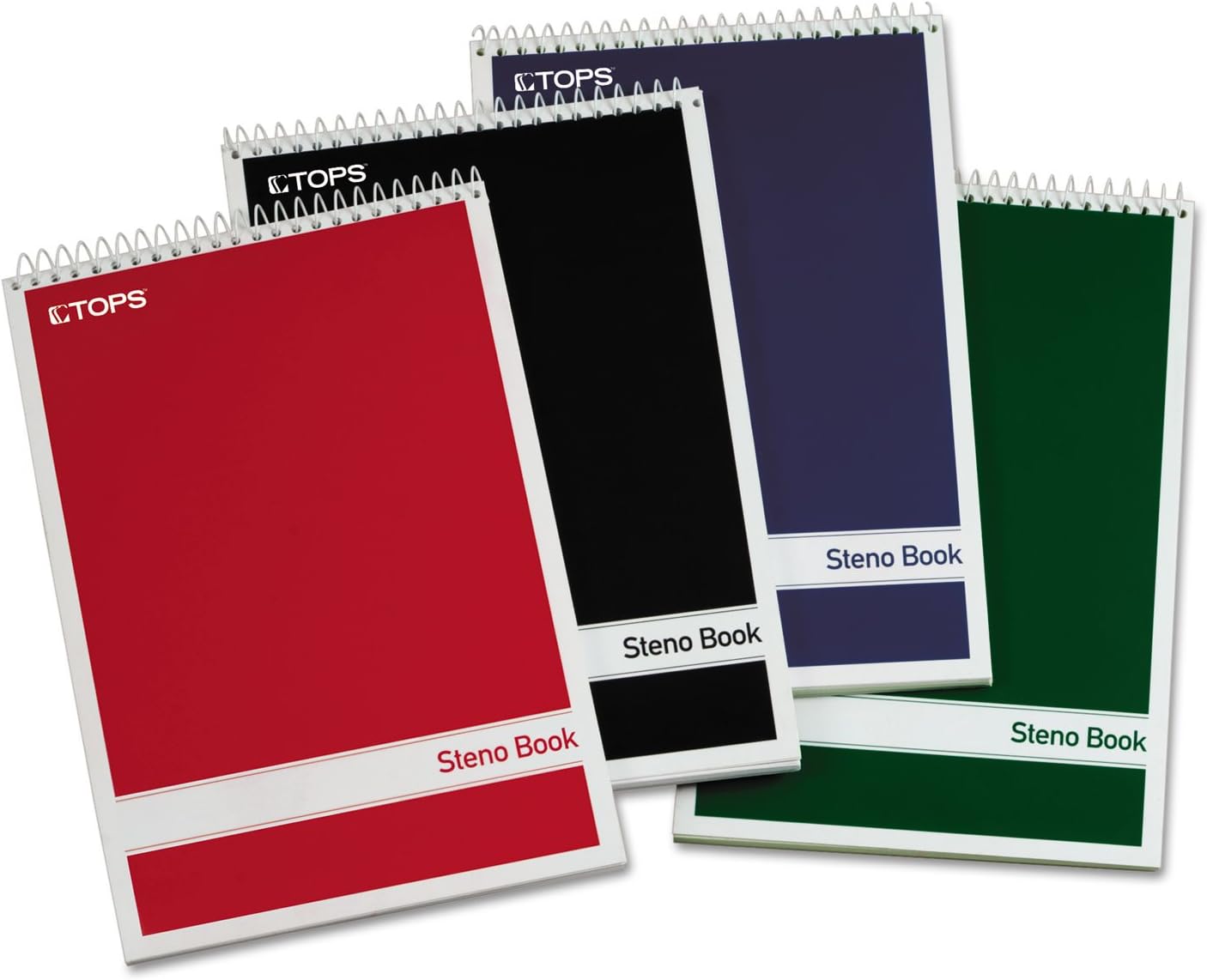 TOPS Steno Pads 4 Pack, 6" x 9" Spiral Steno Notebooks, Gregg Rule for lists, 80 Sheets Each, White Paper, Assorted Covers, Take Notes for School, College, Work, Office (80220)
