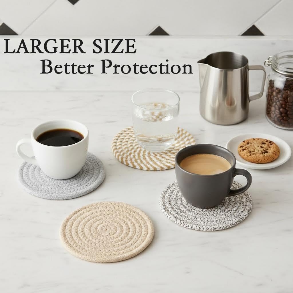 4.8" Drink Cotton Coasters Set of 2 – Boho Woven Drink Pads for Coffee & Tea, Neutral Sandstone Blend Fabric Cup Mats for Desk, Table, Nightstand, Dorm, Giftable Absorbent Coaster Set (Latte)