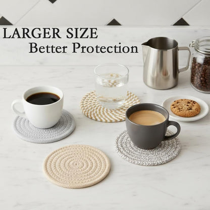 4.8" Drink Cotton Coasters Set of 2 – Boho Woven Drink Pads for Coffee & Tea, Neutral Sandstone Blend Fabric Cup Mats for Desk, Table, Nightstand, Dorm, Giftable Absorbent Coaster Set (Latte)