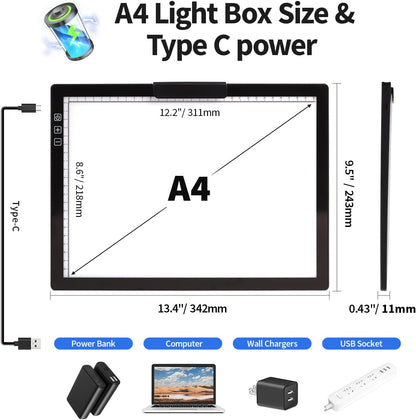 Rechargeable A4 Light Pad with Carry Bag & Stand,Ultra Thin Light Table with Clip,6 Levels of Brightness Light Box for tracing,Diamond Painting.led Light Board for Artists,Drawing,Sketching,Animation
