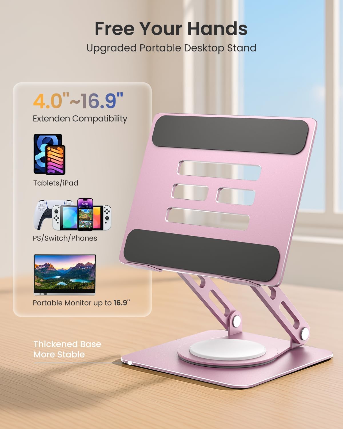 LOXP Adjustable Tablet Stand, 360 Rotating iPad Stand with Heavy-Duty Base, Tablet Holder Compatible with 4.7-16.9" Device, iPad Pro Air Mini, Kindle, Surface Tablet, Portable Monitors - Black