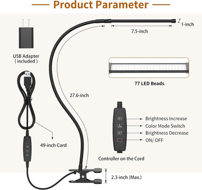 iZELL LED Desk Lamp for Home Office with Clamp [77 LEDs Light 3 Color Modes & 10 Brightness Levels] Flexible Gooseneck Book Lights, Easy Clip on Reading Headboard