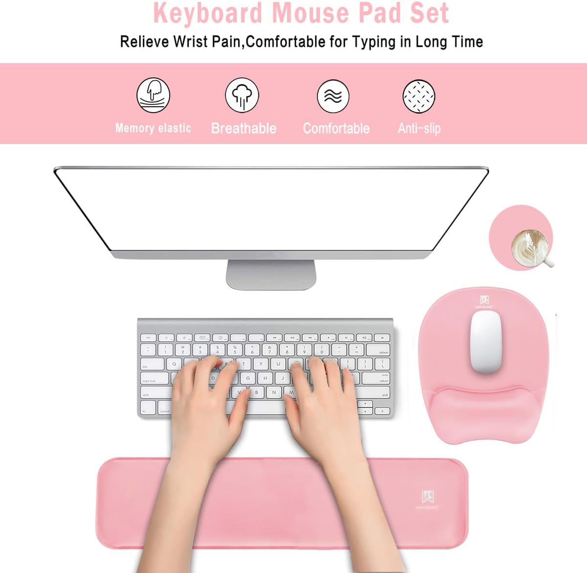 WB WEIRDBEAST Keyboard Wrist Rest Large Mouse Pad Wrist Support for Computer, 4 in 1 Memory Foam Keyboard Pad Desk Mat Ergonomic Hand Rest Wrist Cushion for Home Office Gaming-Pink