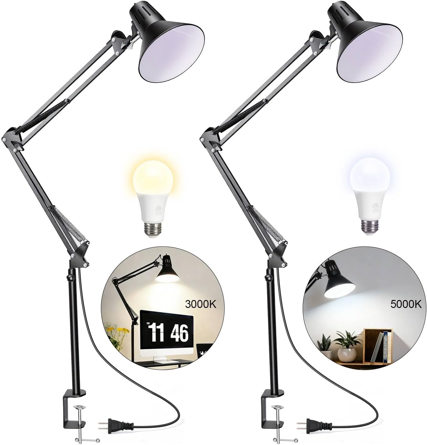 Desk Lamp With Clamp for Home Office, Eye-Caring Clip on Light with Adjustable Extra Tall Metal Swing Arm, High Intensity Clamp Lamp w/LED Bulb, Architect Task Table Lamps for Study, Workbench-B/5000k