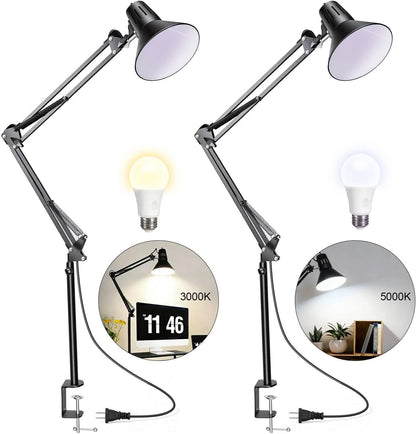 Desk Lamp With Clamp for Home Office, Eye-Caring Clip on Light with Adjustable Extra Tall Metal Swing Arm, High Intensity Clamp Lamp w/LED Bulb, Architect Task Table Lamps for Study, Workbench-B/5000k