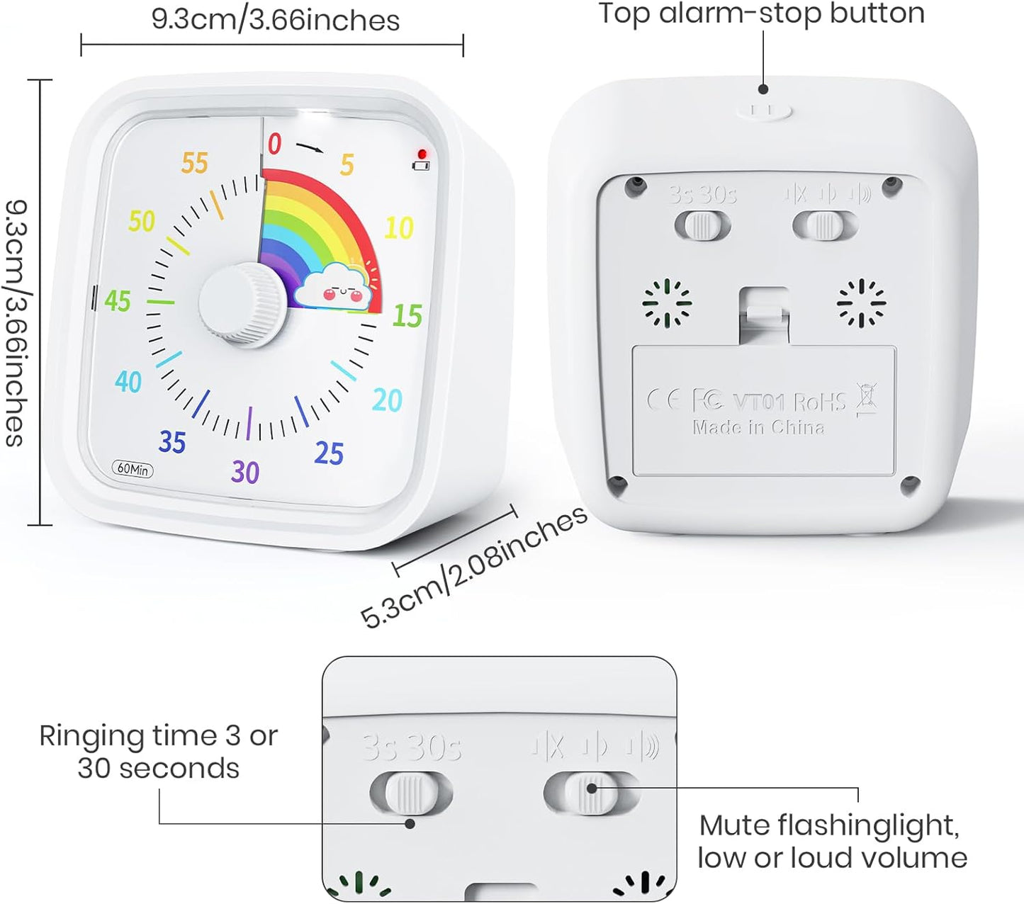 Yunbaoit Visual Timer with Protective Case, Rainbow Disk 60 Minute Countdown Timer for Kids and Adults, Silent Time Management Tool(Blue Rainbow)