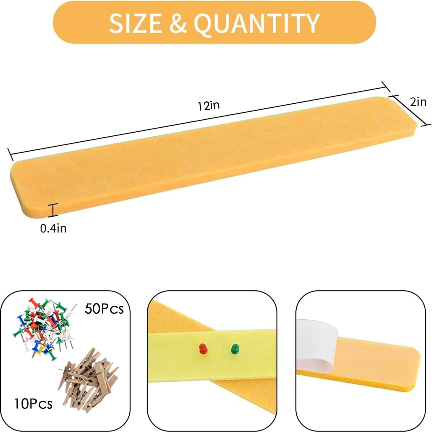 Vuzvuv 8 pcs Bulletin Board Bar Strips with 50 Pushpins & 10 Wooden Clip pins，Self Adhesive Cork Board for Wall，Felt Pin Board for School，Office Decor（Black White Grey）