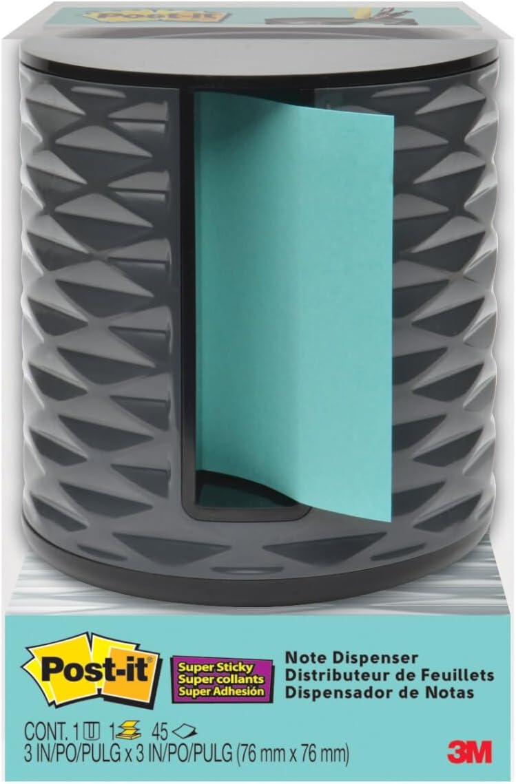 Post-it Note Dispenser, Vertical Design, Pop-Up Notes, Black with Grey Geometric Pattern, 1 Aqua Splash 3 in x 3 in Super Sticky Note Pad