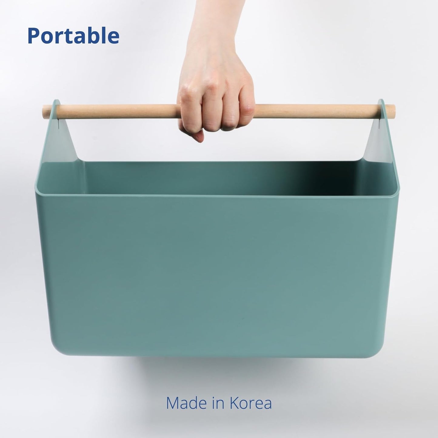 BLUE GINKGO Medium Storage Basket – Plastic Caddy with Wooden Handle for Office, Arts & Crafts, or Home Supplies (Gray)