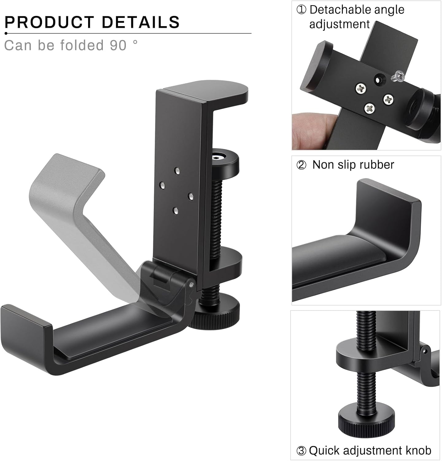 All Aluminum Foldable Headphone Holder for Desk, Headset Stand for Desk,Backpack Holder Hook for Desk,Table Bag Hook,Under Desk Clamp Hook for Gaming PC Accessories,Black