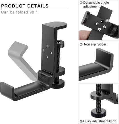 All Aluminum Foldable Headphone Holder for Desk, Headset Stand for Desk,Backpack Holder Hook for Desk,Table Bag Hook,Under Desk Clamp Hook for Gaming PC Accessories,Black