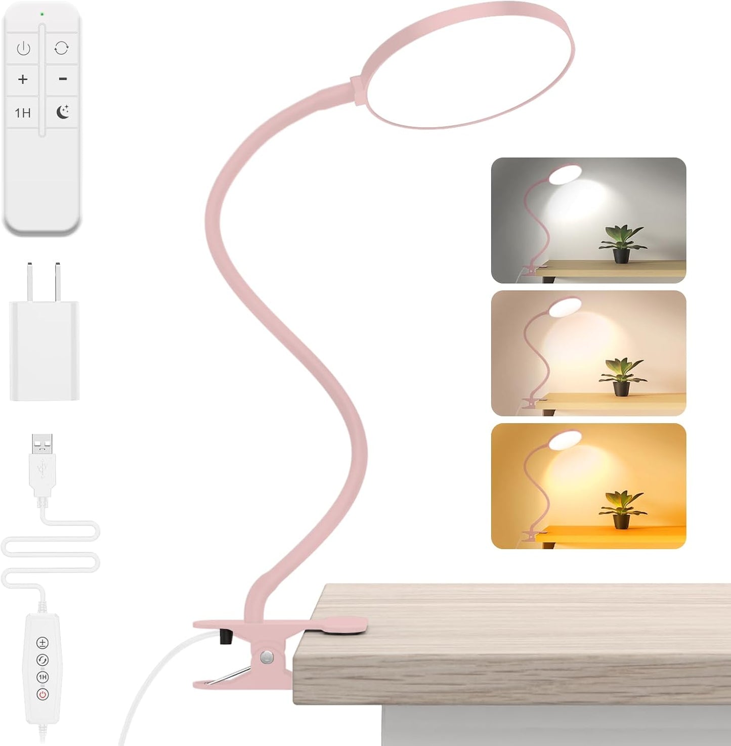 iFalarila Reading Light with Remote, LED Desk Lamp Clip on [1H Timer & Nightlight] RA>95 Dimmable Flexible Gooseneck, Reading Lamp with Clamp for Table - 3.5'' (Adapter Included)