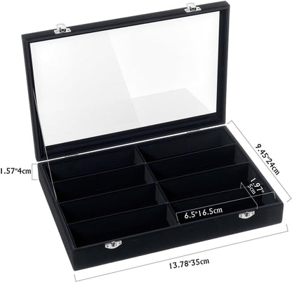 Emibele Glasses Organizer Jewelry Tray, 8 Grids with Clear Lid Velvet Tray Watch Storage Stackable Jewelry Showcase Display Storage with Detachable Inner Dividers, Beige