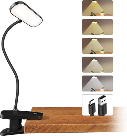 CUHIOY Desk Lamp Clip on Reading Light, USB-C Battery-Operated Rechargeable Table Lamps with Clamp for Dorm Home Office, 38LEDs Bed Headboard Light, 5 Colors 5 Brightness, Flexible Gooseneck (Black)
