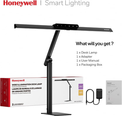 Honeywell LED Desk Lamp with Clamp - HJ1 Sunturalux Eye-Caring Clip on Lights for Home Office, 1200LM Clamp Lamp 4 Color Modes Stepless Dimming Task Desk Light for Working Black