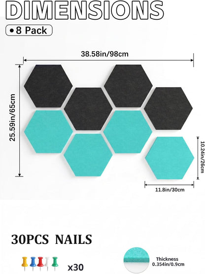 8 Pack Hexagon Felt Bulletin Board Tiles - 12" Large Thick Pin Board for Walls with 30 Push Pins, DIY Boards for Office Home School Decor, Aesthetic Hex Cork Board Alternative