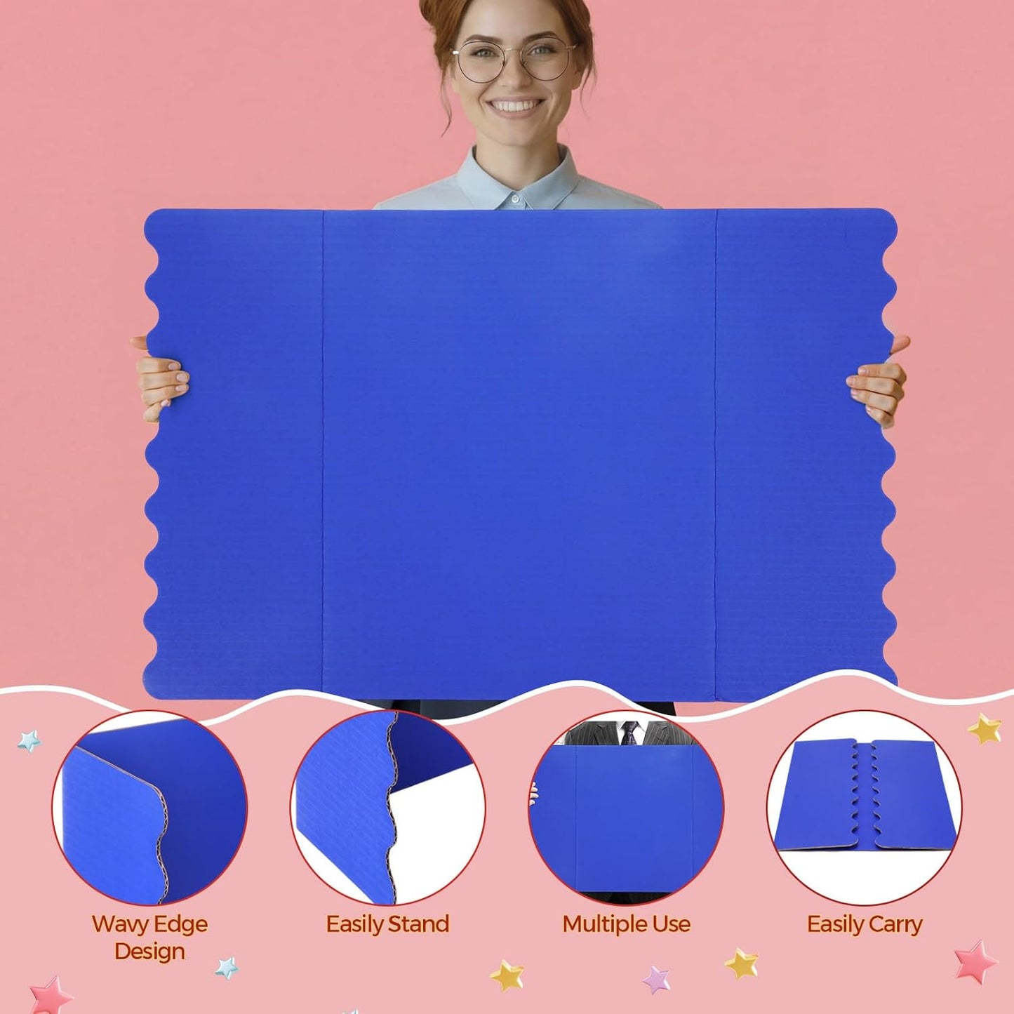 Mooliwe 4 Pack 24" X 16" Trifold Poster Board, Medium Tri Fold Boards Foldable Corrugated Presentation Display Scalloped Borders for Science Fair Events, School Projects, Exhibitions (Macaron)