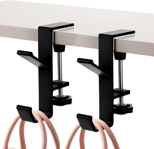 2Pcs Clamp-On Under Desk Headphone Holder Backpack Hook Students' Desk Hook with Adjustable Arm Clamp Women's Bag Handbag and Purse Holder - Suitable for Plate Between 1-5cm / 0.4-1.96” - Black