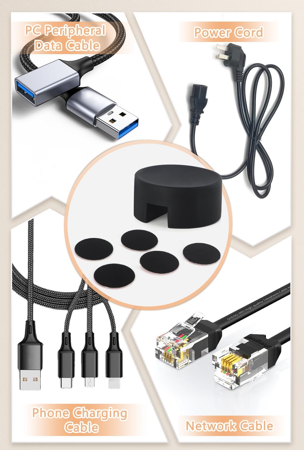 Maveek Magnetic Cord Clips Black, Silicone Cord Organizer Magnet Cable Holder Charging Cable Management Cord Keeper with Adhesive Metal Disc (5 Piece, Large Size)