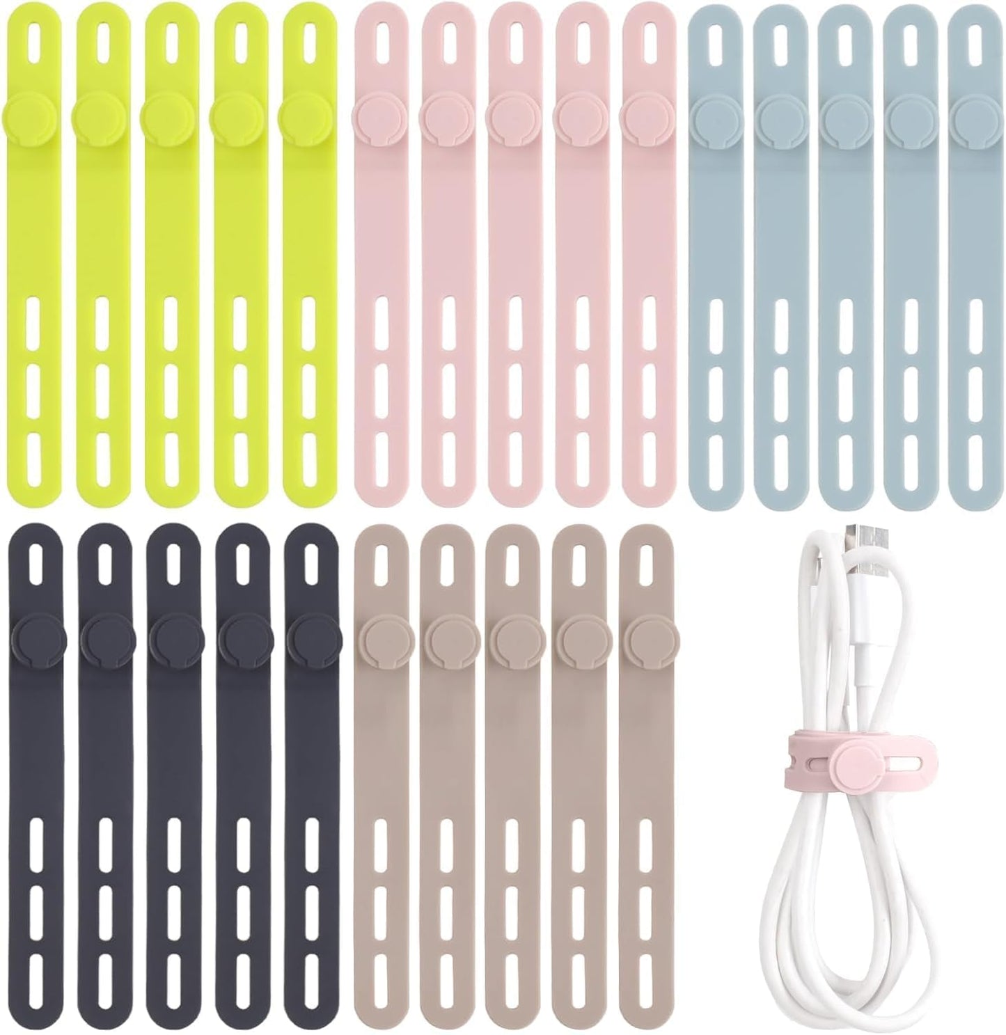 Oligei 25 Pcs Silicone Cable Ties, Cable Ties Reusable, High Elasticity Cord Wraps for Electrical Cords, Cord Organizer for Earphone, Phone Charger(Black)