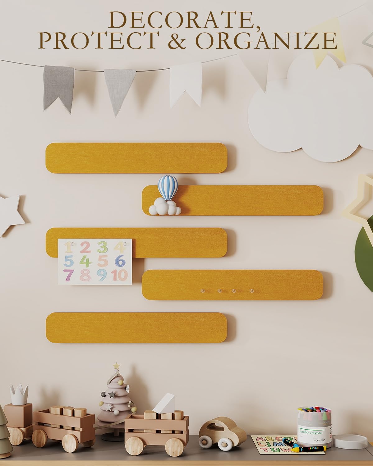 JBER Felt Strip Board 5 Pack 13"x2", Cork Board Alternative Pin Bulletin Board, Self-Adhesive Vision Board with 25 Push Pins for Walls, Office & Home Decor(Light Camel)