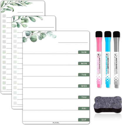 ALEZEL Weekly Calendar Whiteboard for Refrigerator, Magnetic Weekly Planner for Fridge - Set of Greenery Dry Erase Menu Board & 2 to Do List, 3 Markers + Eraser